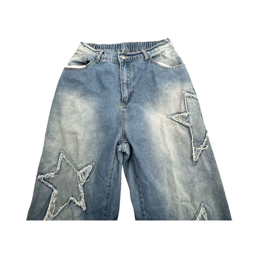 SHEIN Curve Jeans Womens 0XL Light Wash Star Patchwork Wide Leg Distressed Denim - Picture 9 of 11